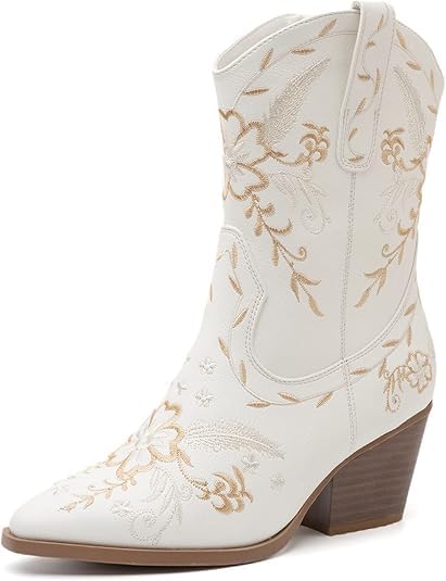 ANJOUFEMME Western Women's Cowboy Cowgirl Boots,Embroidered Round-toe Mid-calf Boots