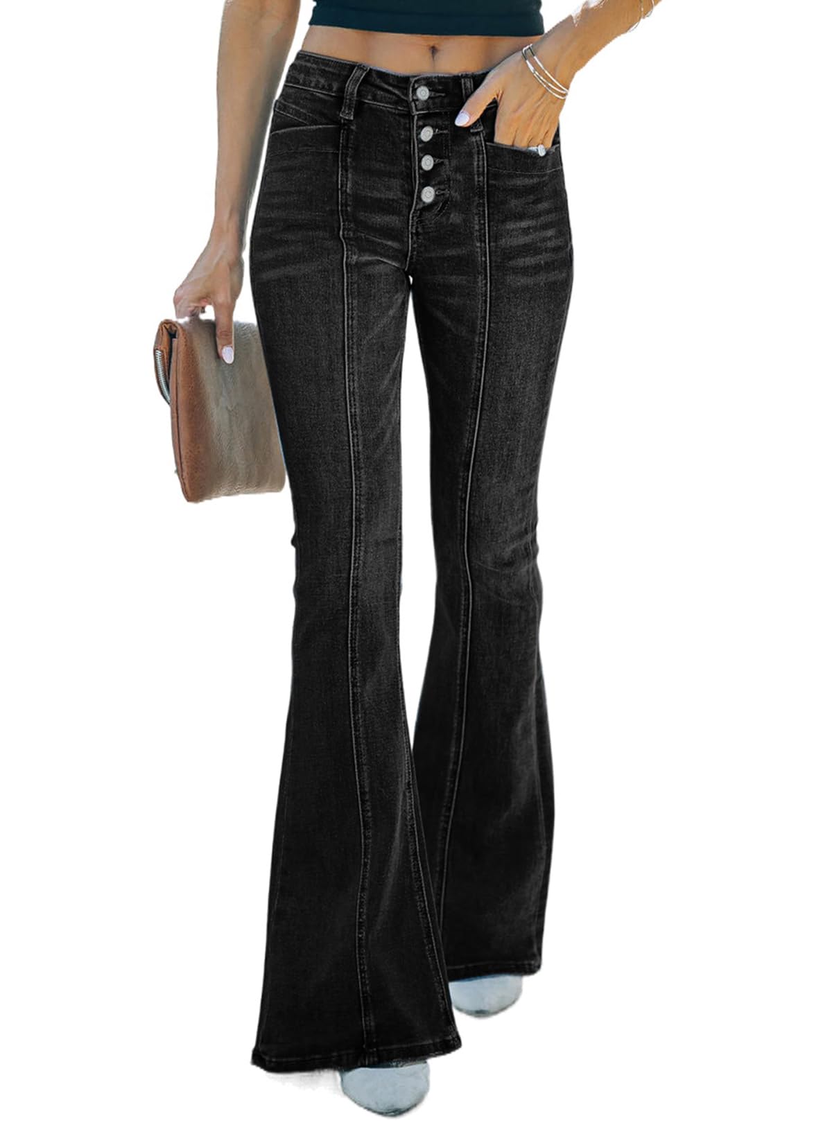 Sidefeel Women's High Waisted Jeans Wide Leg Button Fly Bell Bottoms Flared Denim Pants