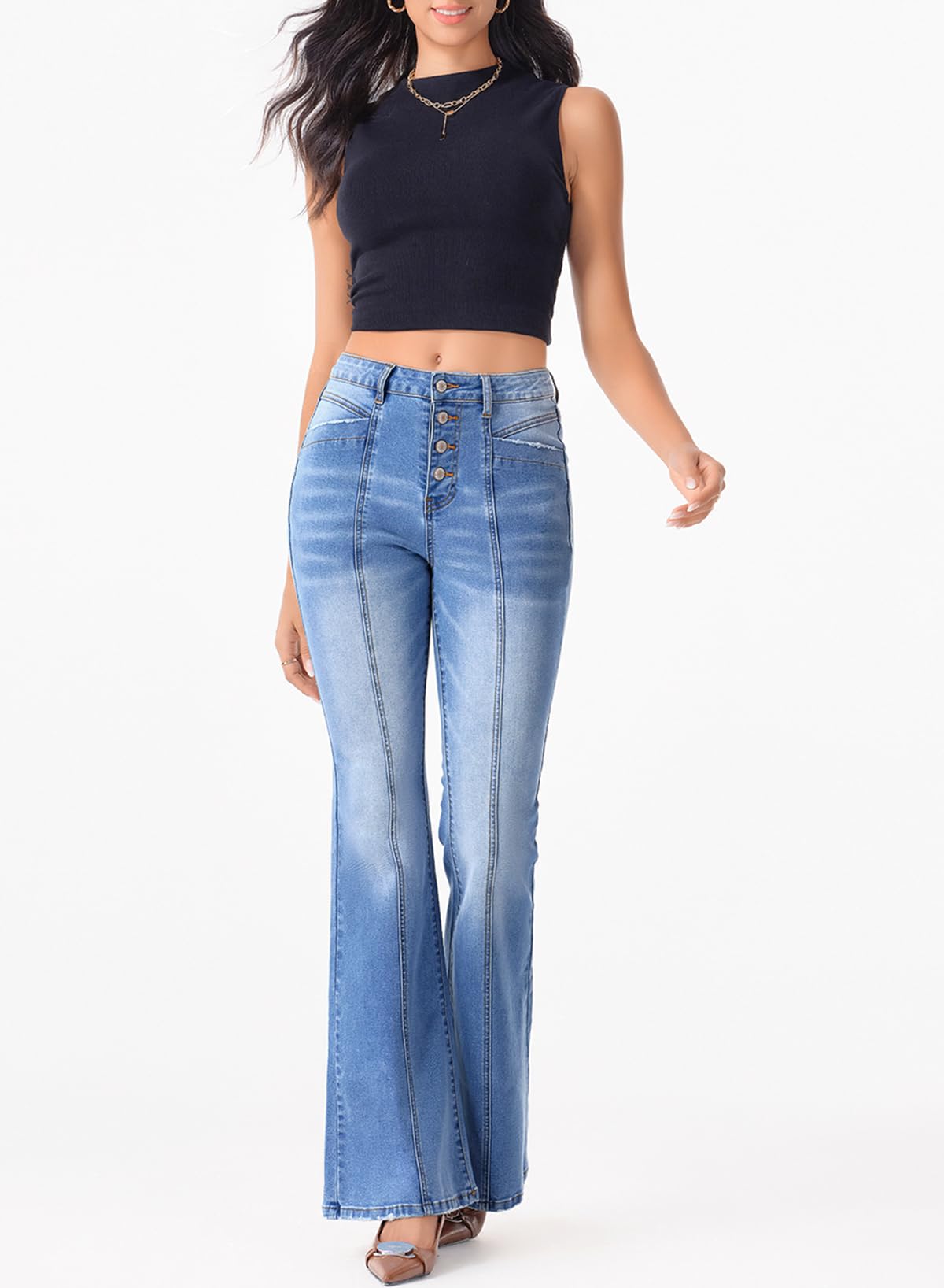 Sidefeel Women's High Waisted Jeans Wide Leg Button Fly Bell Bottoms Flared Denim Pants