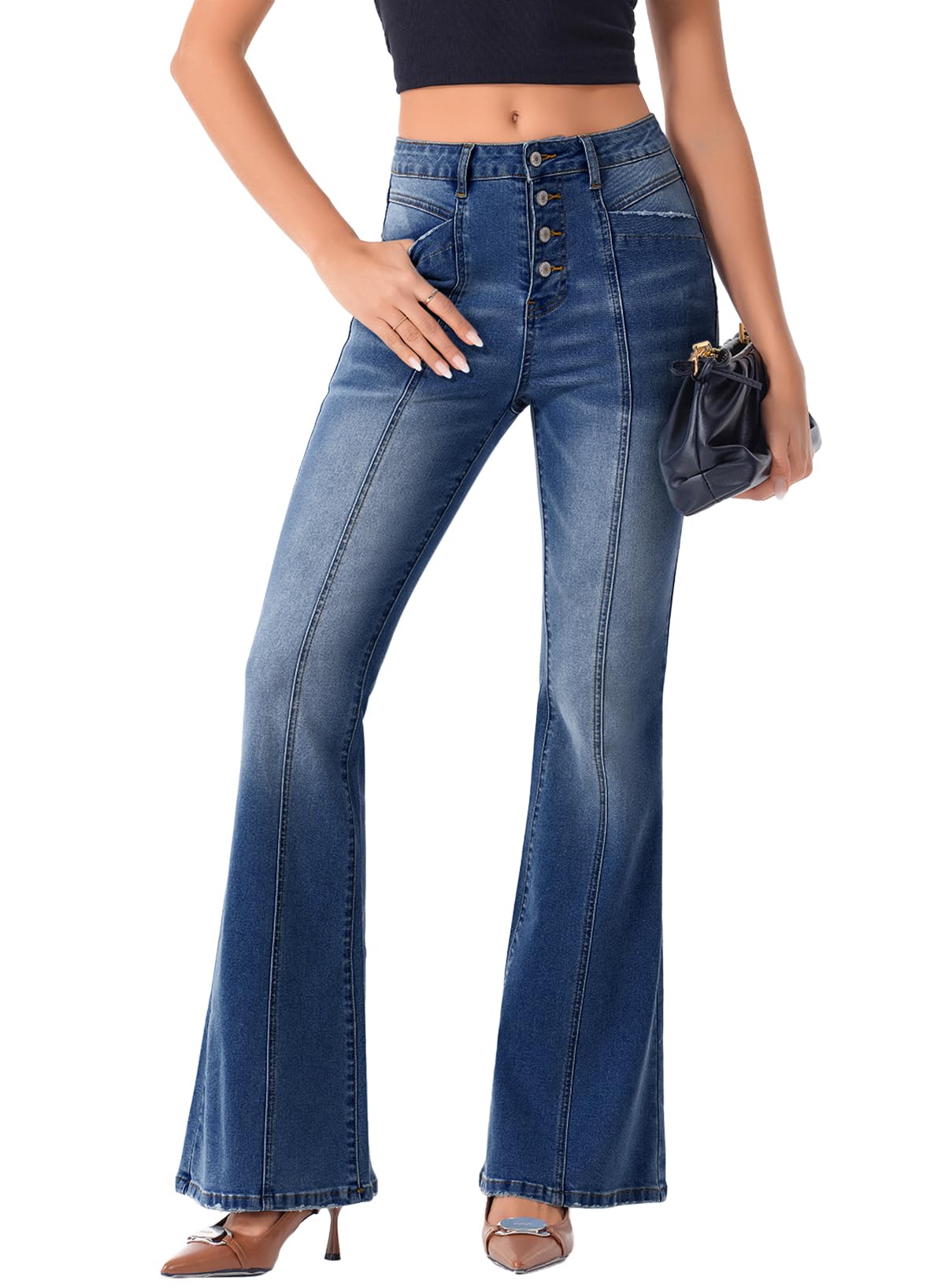 Sidefeel Women's High Waisted Jeans Wide Leg Button Fly Bell Bottoms Flared Denim Pants