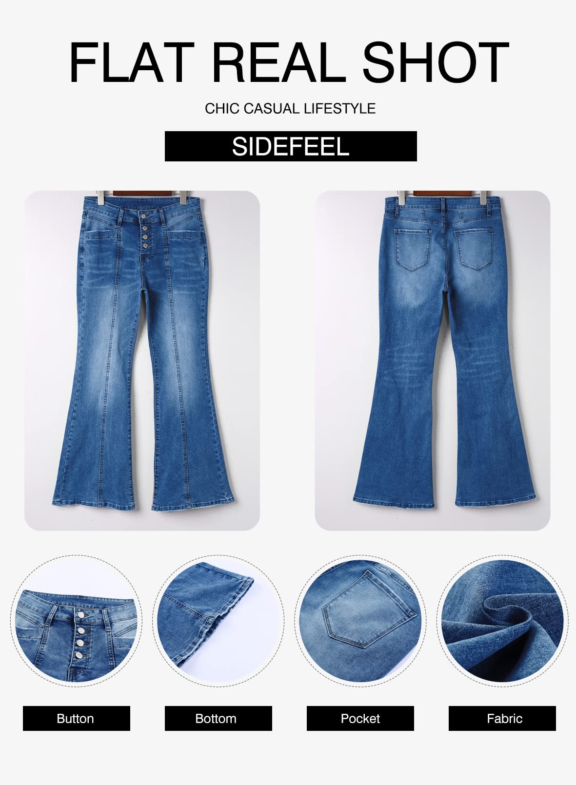 Sidefeel Women's High Waisted Jeans Wide Leg Button Fly Bell Bottoms Flared Denim Pants