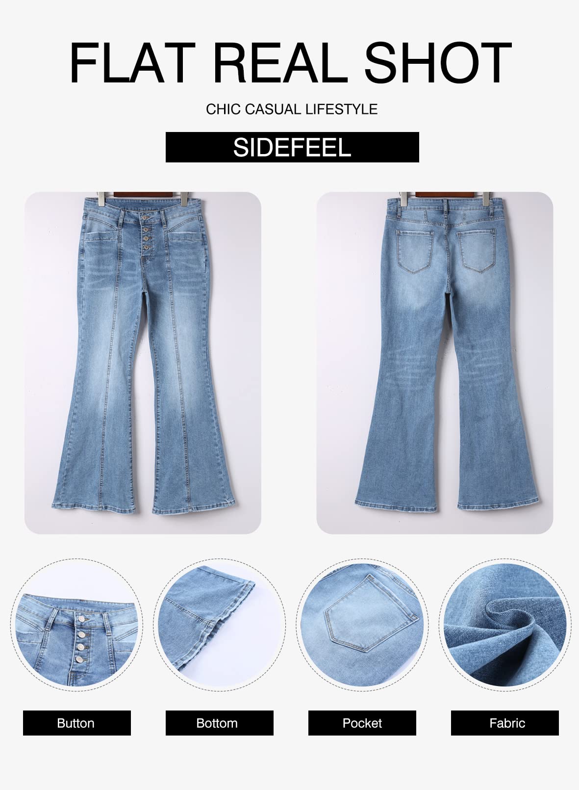 Sidefeel Women's High Waisted Jeans Wide Leg Button Fly Bell Bottoms Flared Denim Pants