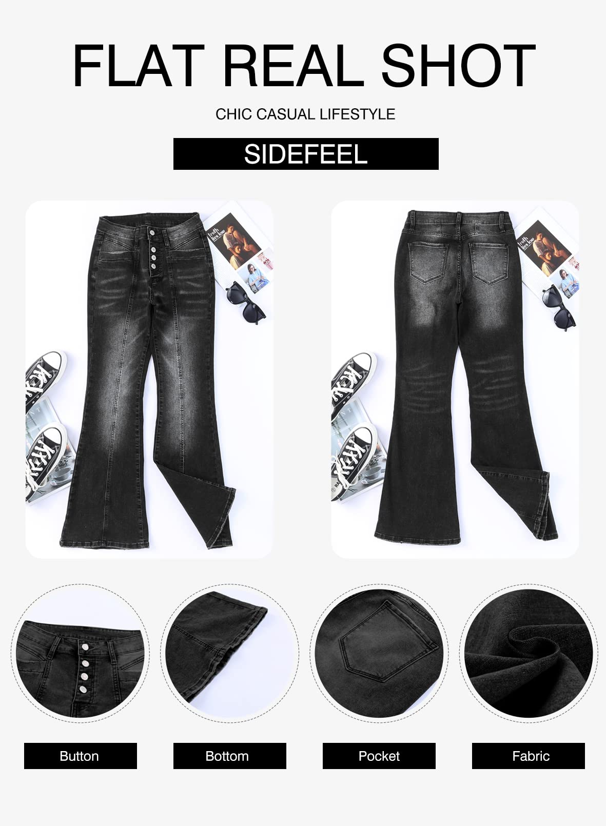 Sidefeel Women's High Waisted Jeans Wide Leg Button Fly Bell Bottoms Flared Denim Pants